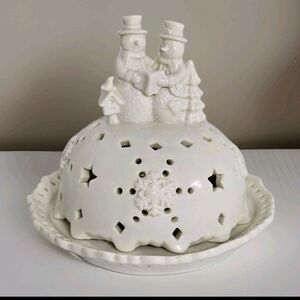 Snowman Dome Tealight Candle Holder White Ceramic Christmas Holiday Decor EUC